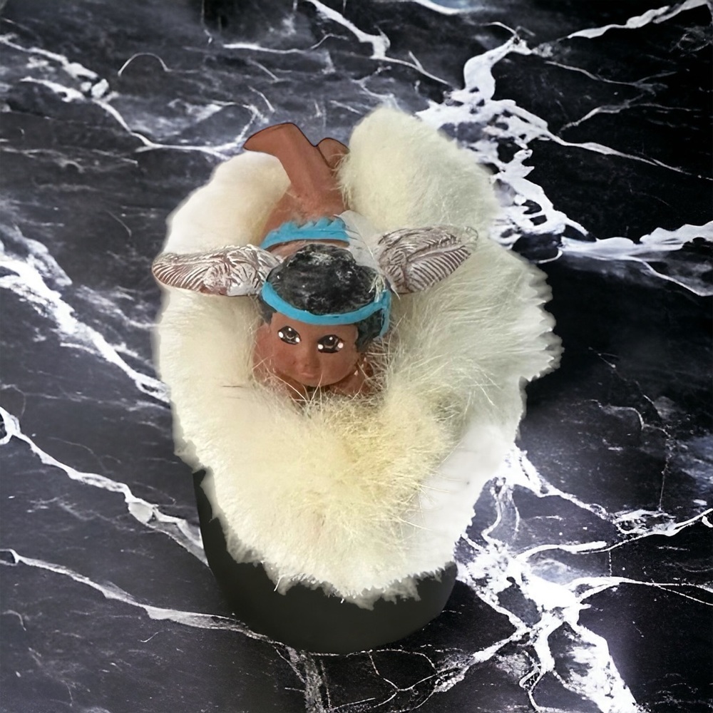 Vtg Little Star Native American Angel on Real Fur Cloud (Angora?) Ceramic 4” L